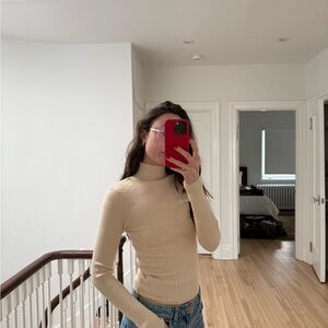 Zara Cream beige Ribbed Knit turtleneck Top